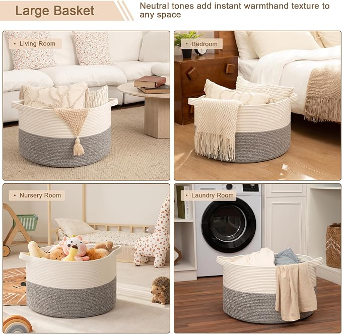 OIAHOMY Large Blanket Basket for Living Room, 19.7" x 12.6" Woven Cotton Rope Laundry Basket for Organizing Pillows, Decorative Stuffed Animal Toy Storage for Nursery, White and Light Grey