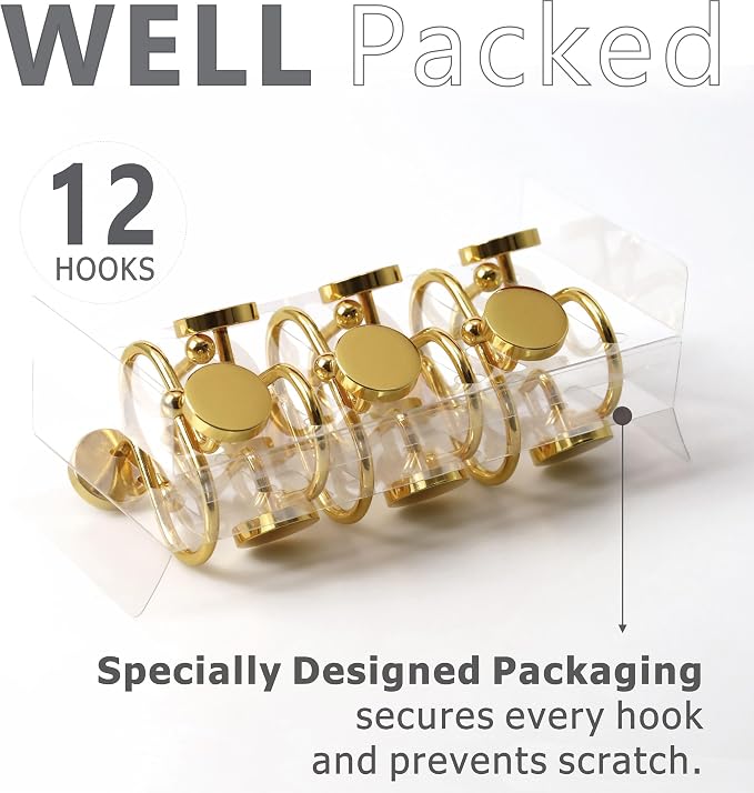 Brass Gold Shower Curtain Hooks: Rust Proof Metal Curtain Rings, 12Pcs | Simple Classic Round Button Shower Hooks, Heavy Duty Hanging Hangers for Shower Rod, Gift for Modern & Luxury Bathroom Decor