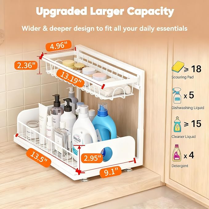 Under Sink Organizer, 2 Pack Under Kitchen Cabinet Organizer, Height Adjustable Pull Out Mute Slide-Out 2 Tier Metal Under Sink Storage for Bathroom, Pantry, Kitchen & Bedroom (White, 2 Pack)