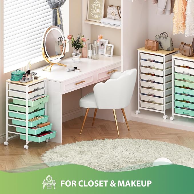 Goovilla Rolling Cart with 8 Drawers for Art, Dorm, Office, Craft, Green | Utility Cart Organizer With 8 Removable Drawers and Wooden Tabletop, Lockable Rolling Storage Organizer for Classroom, Home