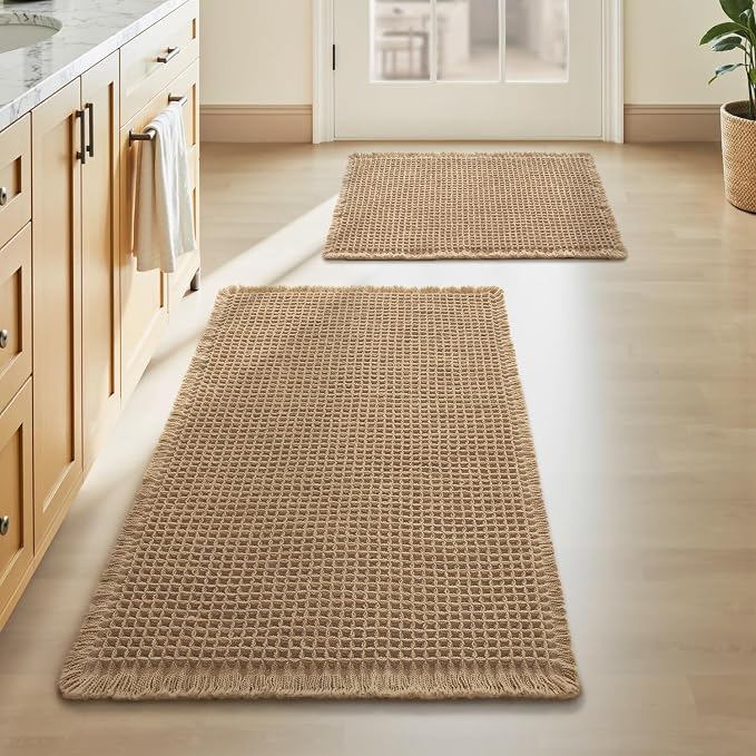 Upgraded Waffle Bath Mat Set of 2, Super Absorbent Non Slip Bath Mats for Bathroom Floor, Machine Washable Boho Bathroom Rugs Set 2 Piece with Tassels, Soft Bathroom Mat Set, 17" x 24" +18" x 30"
