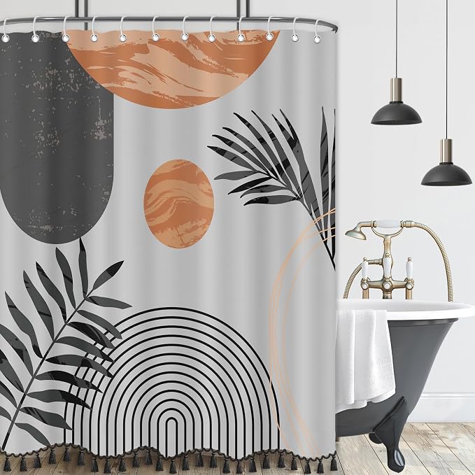 Boho Mid Century Leaf Shower Curtain Set,Arch Sun Design,Minimalistic Leaves Pattern,Waterproof and Luxurious Fabric-12 Hooks(Grey-72" x 84")