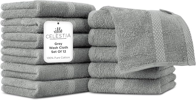 Villa Celestia Cotton Washcloths Set of 12, 12x12 Inch, 100% Ring-Spun Combed Cotton, Soft Absorbent Quick-Dry Wash Cloths for Face and Body, Oeko-TEX Certified, Hotel & Spa Quality, Grey