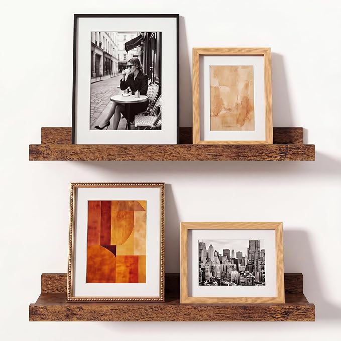 Brown Picture Ledge Shelves for Wall, 4.5" Deep Wood Floating Shelves with Lip for Bedroom, Living Room, 13.7" Width, Brown, Set of 2