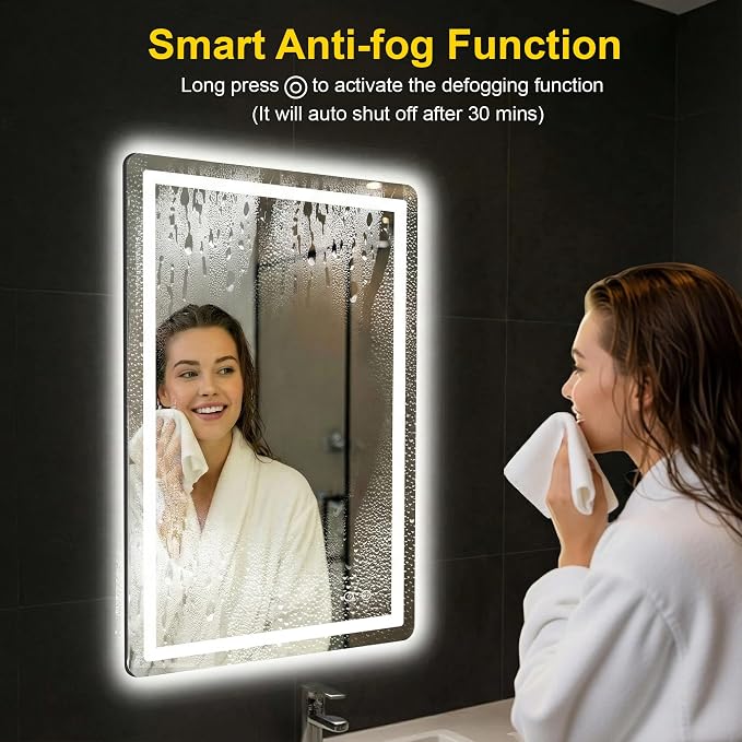 LED Bathroom Mirror with Lights, 24"x36" Lighted Vanity Mirror for Wall | Anti-Fog, Dimmable 3 Color Light, Backlit+Frontlit, Shatterproof Tempered Glass, Memory Function