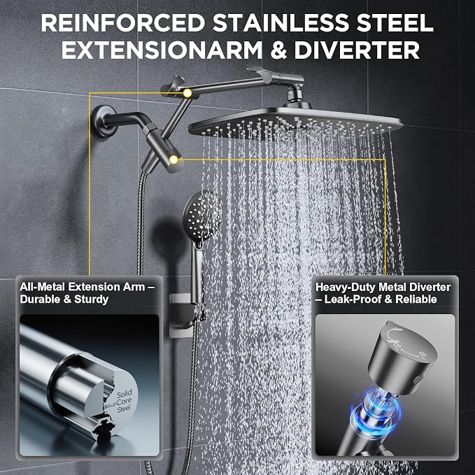 Veken Gunmetal Gray 11.8" High Pressure Shower Head with Handheld, Durable | Handheld Shower with Multi Spray Modes, Rainfall Combo with 15" Metal Extension Arm, Detachable Dual Shower, Bathroom Decor