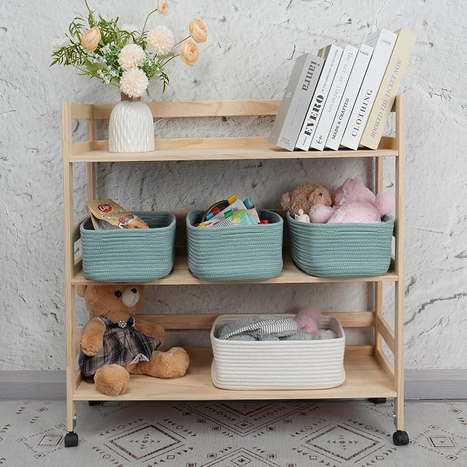 XUANGUO Small Woven Storage Baskets for Shelves, 13" x 9" x 5", Green | Decorative rope storage bins for closets and toy storage; cute organizer baskets, empty gift baskets and nursery storage.