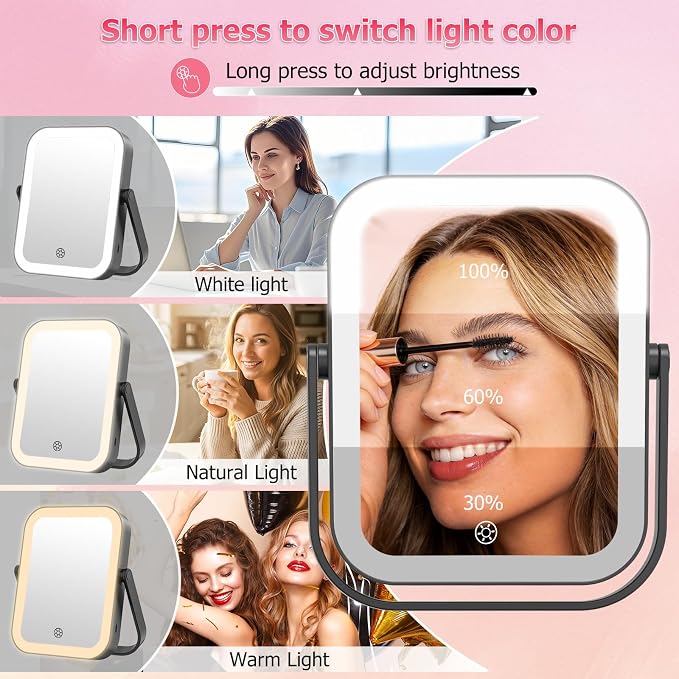 FUNTOUCH 3000mAh Rechargeable Travel Magnifying Mirror with Light, Black | 2-Sided 30X Magnifying travel makeup mirror with 3-Color Lighting, Dimmable Touch Screen,Compact Vanity Mirror for Women Gift