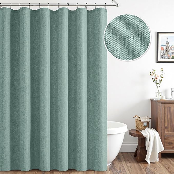 ANRODUO Teal Linen Textured Fabric Shower Curtain Set - W72xL74 | Farmhouse Shower Curtain with 12 Metal Hooks, Waterproof Heavy Duty, Button Hole Design, Machine Washable for Bathroom