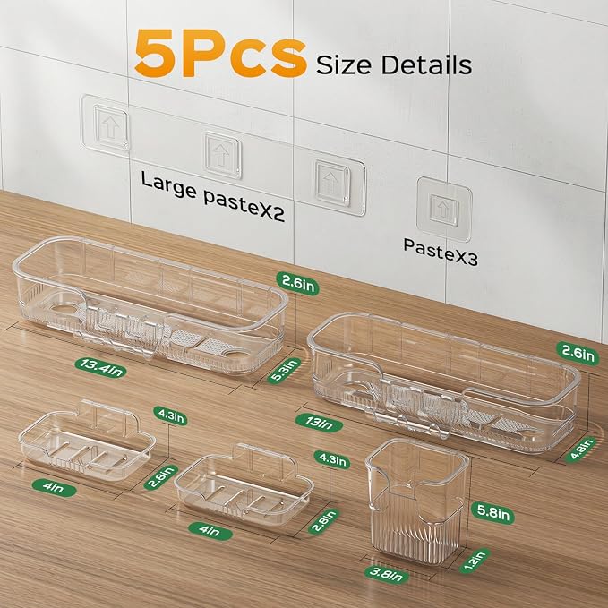 HAMITOR 5 Pack Adhesive Shower Caddy, Clear Transparent Shower Organizer | Modern Clear Design, Waterproof Adhesive Setup, Quick Drainage Shelves, Perfect for Homeowner, Apartments & Stylish Bathrooms