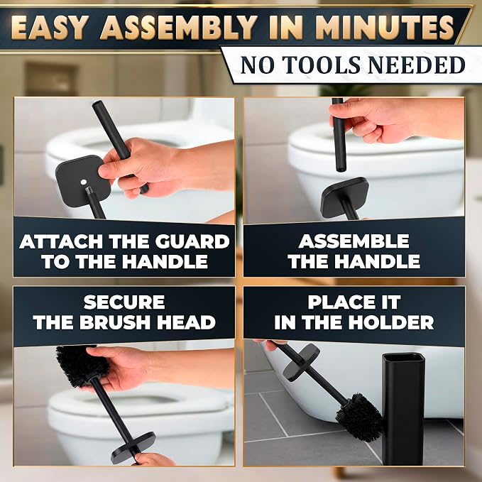 Black Toilet Brush and Holder Set for Modern Bathrooms (Square) | Toilet Bowl Brush and Holder, Removable Inner Bowl, Dense Bristles, Long Handle, Scratch Resistant, Detachable Long Handle
