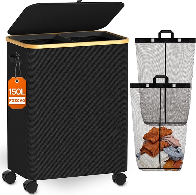 Double Laundry Basket with Wheels and Lid, 150L Clothes Hampers for Laundry | Large Laundry Hamper with 2 Sections & Removable Liner Bags, Rolling Dirty Clothes Basket for Bedroom Bathroom Dorm College