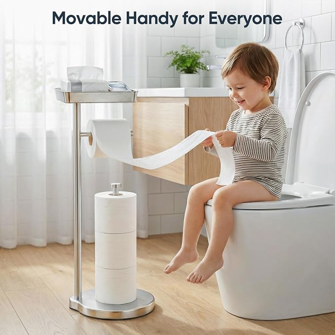 theaoo Toilet Paper Holder Stand with Shelf, Flushable Wipes Dispenser, Free Standing Toilet Tissue Roll Storage Rack Organizer for Bathroom (Silver, Free Standing - with Storage)