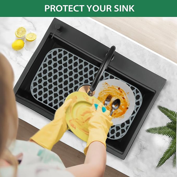 Silicone Sink Protector for Multi-Size Kitchen Sink(26"x14", Center Drain) | Flexible and durable, heat-resistant, machine washable, non-slip, gray grid.