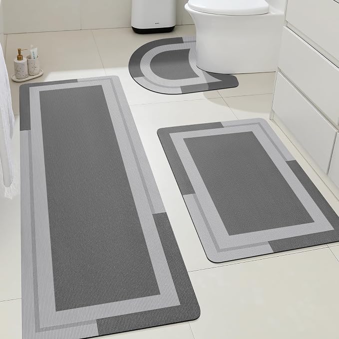 Non Slip Bath Mat, Thin Bathroom Rugs Fit Under Door, Quick Dry Bath Mats, Machine Washable Bath Rugs for Bathroom, Bathtub & Kitchen, Bathtub & Kitchen, Grey/Bordered/3 Piece