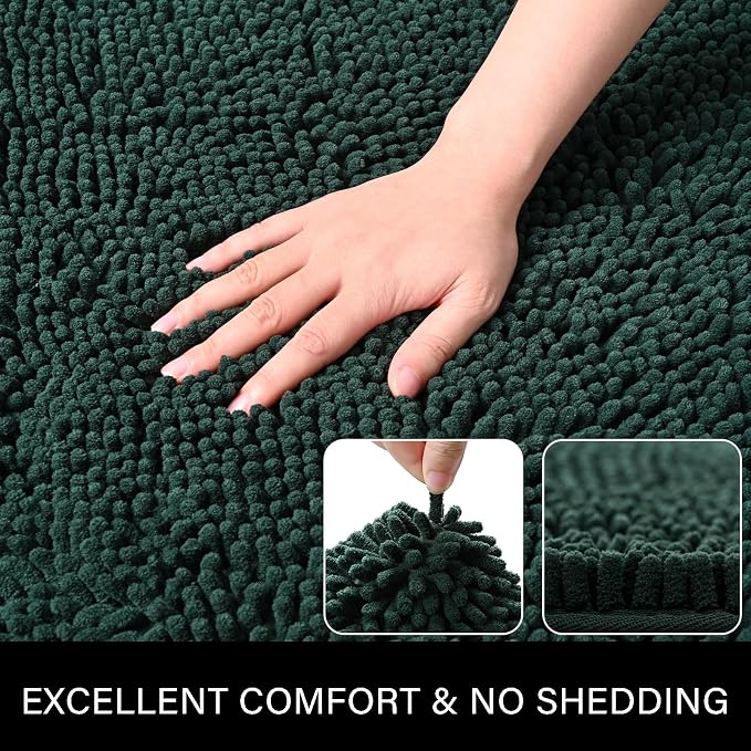 LOCHAS Luxury Bathroom Rug Shaggy Bath Mat 24 x 17 Inch, Hunter Green | Washable Non Slip Bath Rugs for Bathroom Shower, Soft Plush Chenille Absorbent Carpets