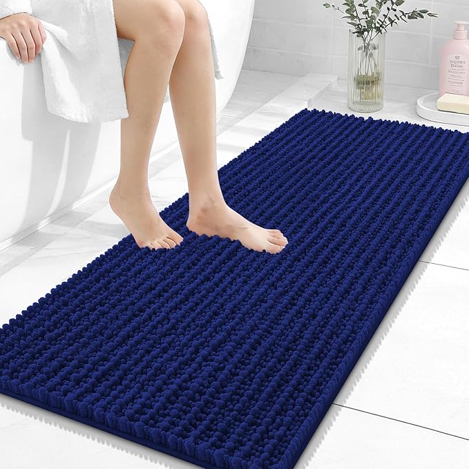 OLANLY Bathroom Runner Rugs 47x20, Thick Soft Absorbent Chenille Bath Rugs | Navy Blue, Quick-Drying Rubber Backing, Long Shaggy Bath Mat, Washable for Floor, Tub and Shower, Home Decor Accessories