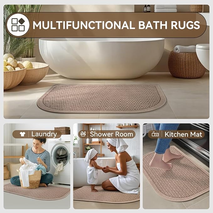 Half Circle Bath Mat, Thin Bathroom Rugs Fit Under Door, Brown 16x24 | Non Slip, Quick Dry Absorbent, Rubber Backing Washable, Semi Circle Bathmat for Bathroom Floor, Tub and Shower, Home Decor