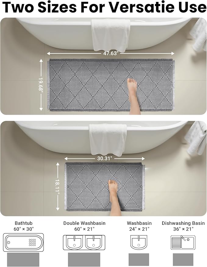 Waffle Bath Mat Set, Non Slip Bathroom Rugs 2 Piece, Gray & Light Gray | Ultra Absorbent Long Bath Rug Runner for Bathroom Boho Chic Decor, Machine Washable Floor Mats, 20"×47" Plus 18"×30"
