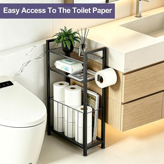 Free Standing Toilet Paper Holder with Shelf, Adjustable Feet Bathroom Toilet Paper Holder Stand for Narrow Space, Roll Dispenser Tissue Holder, Holds Multiple Rolls and Keeps Paper Dry and Clean