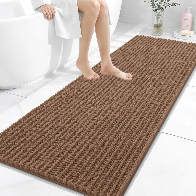 OLANLY Bathroom Runner Rugs 59x24, Thick Soft Absorbent Chenille Bath Rugs | Mocha, Quick-Drying Rubber Backing, Long Shaggy Bath Mat, Machine Washable for Floor, Tub and Shower, Home Decor Accessories