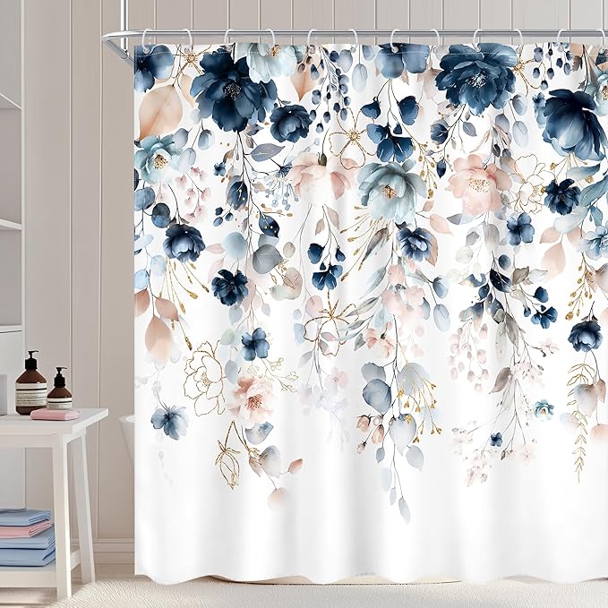 Blue Floral Flower Shower Curtain Cute Navy Flower Pastel Shower Curtain | 72Wx72L Inch Watercolor Plant Eucalyptus Leaf Girly Rustic Country 72Wx72L Inch Bath Bathtub Set Accessories Home Decor
