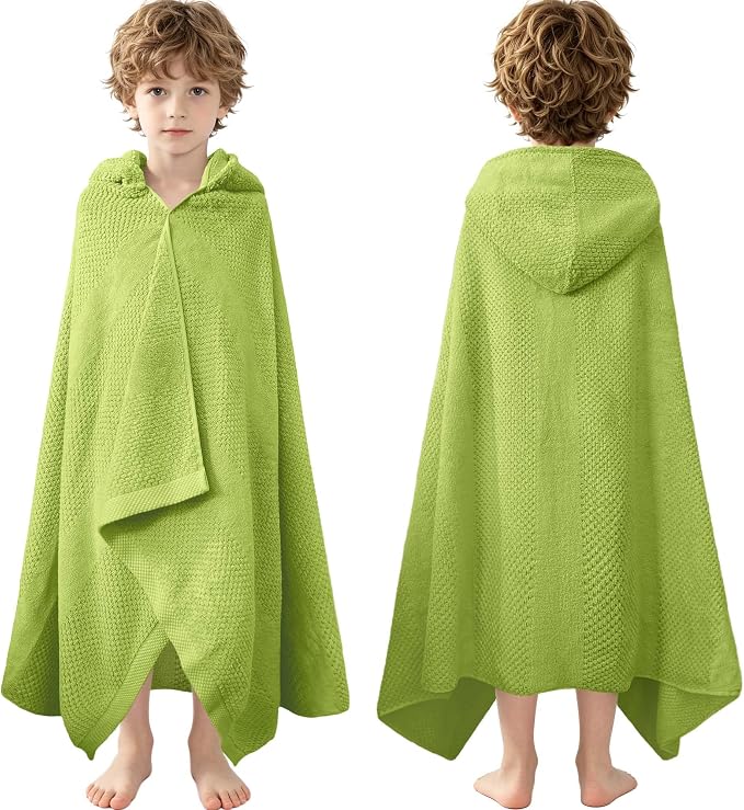 VOOVA & MOVAS Kids Hooded Towel, 6-10 Years, 100% Cotton,Green Waffle | Vertical Waffle Textured Surface, Ultra Plush, Great for Beach, Pool and Bath Time