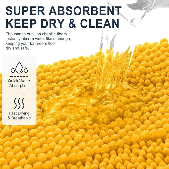 Smiry Thick Small Chenille Bathroom Rugs 24x16, Bath Mat, Golden Yellow | Quick‑Dry & Machine Washable, Non‑Slip Bath Carpet, Soft Striped Bath Rugs for Tub & Shower, Modern Home Decor Accessories