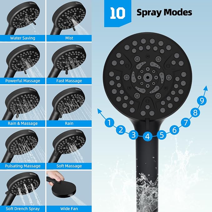 Hibbent All Metal CUPC Certified Shower Head, 8'' High Pressure Rainfall Shower Head, Handheld Showerhead Combo, 12'' Adjustable Extension Arm, 10 Sprays, 71'' Hose, Shower Holder, Matte Black