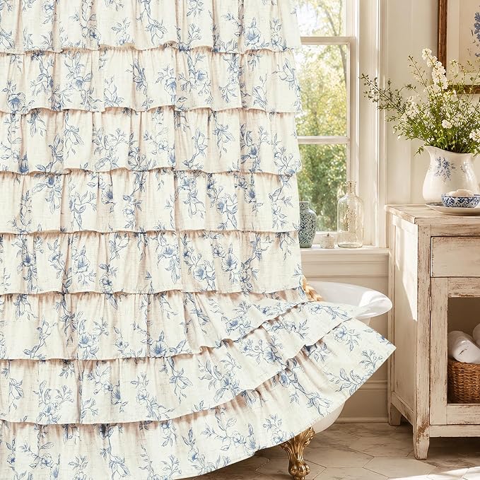 Extra Long Farmhouse Ruffle Shower Curtains with Blue Floral, 72"Wx84"L | French Country Vintage Rustic Washable Waterproof Shower Curtain for Bathroom Bathtub, 12 Metal Hooks