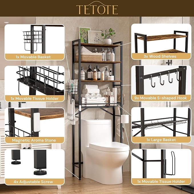 Over-The-Toilet Storage Rack, 4-Tier Bathroom Organizer Shelf Over Toilet with Adjustable Shelf and Basket, Freestanding Space Saver Bathroom Shelves Above Toilet for Room(Brown)