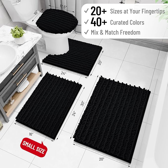 Arotive Bathroom Rugs Mat 60x24, Soft Absorbent Chenille Shaggy Bath Mat | Black, Machine Wash Dry, Bath Rugs for Bathroom Floor, Tub and Shower, Home Decor Accessories