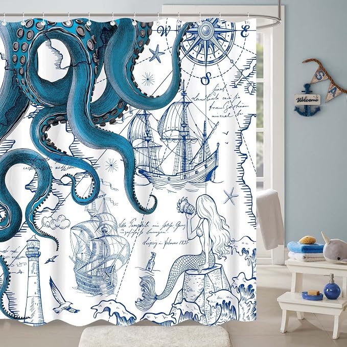 Fungarth Long Blue Nautical Octopus Shower Curtain Navy Mermaid Funny Ocean Kraken Shower Curtains for Bathroom Cool Anchor Coastal Map Waterproof Fabric Bath Curtain with Hooks (Blue, 72” x 78”)