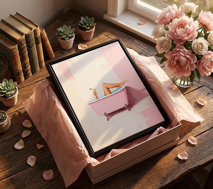 Black Floating Framed Funny Pink Bathroom Canvas Wall Art Trendy Charm Girl Bathtub Painting Picture Wall Decor Martini Cocktail Poster Print Artwork for Restroom Toilet Home Decoration 12x16in