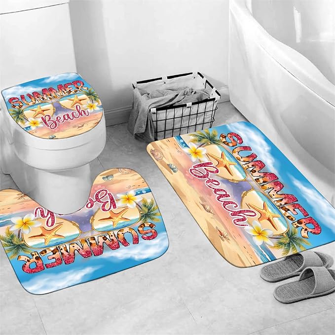 LQCOOL Beach Scene Shower Curtain Set 4Pcs Summery Bathroom Sets with Rugs Waterproof Shower Curtain with 12 Hooks for Bathroom Decor | Waterproof Polyester & Soft Flannel.12 Hooks,Toilet Lid Cover & U-Shaped Mat with Beach Scene for Bathroom