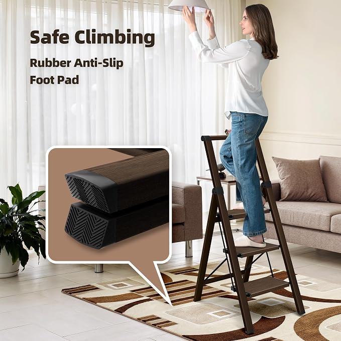 HillhutApex Aluminum 3 Step Ladder, Step Stool Foldable Ladder(Walnut) | Stepladder with Handgrip,Anti-Slip Pedals,330lbs Capacity,Lightweight Folding Ladder for Home,Office,Libaray