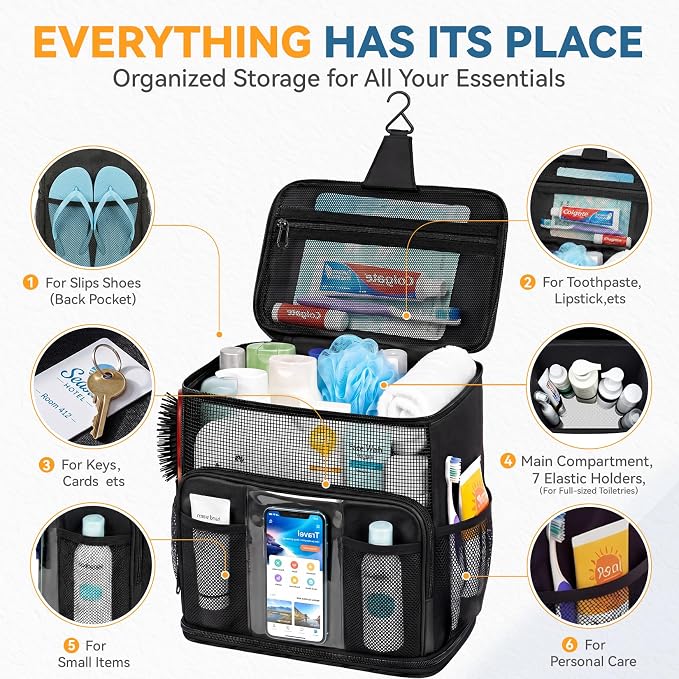 Shower Caddy Portable for College Dorm, Hanging Travel Toiletry Bag with Phone Pocket & Waterproof Bottom Cover,Quick-Dry Mesh Shower Bag,Dorm Room Essentials for Guys & Girls,Cruise Essentials 2026