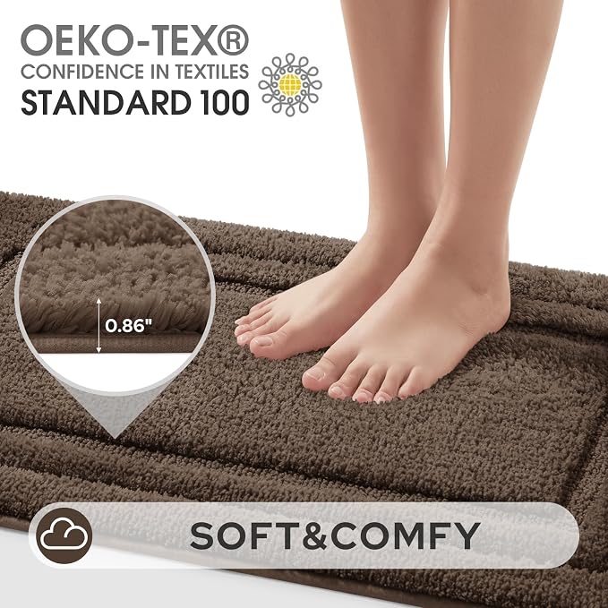 HOMEIDEAS Bathroom Rugs Sets 2 Piece, Super Soft and Absorbent Non Slip Microfiber Machine Washable Bath Mat Set (20" x 47" + 16" x 24", Brown)