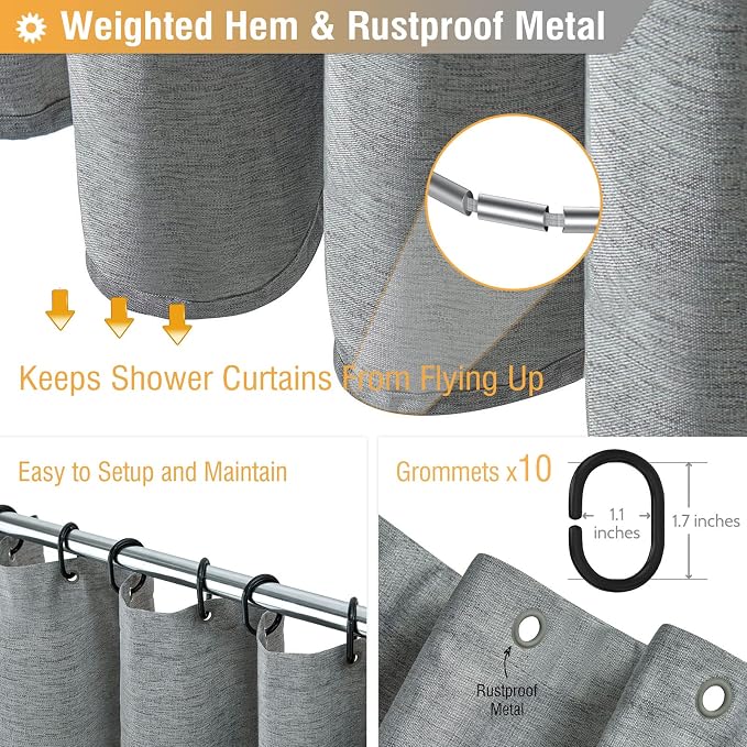 54x78 Linen Textured Waterproof Fabric Shower Curtain Set, Grey/Gray | Narrow Long Size, 230GSM Polyester, Heavy Duty Cloth, Weighted Hem, 10 Hooks, Modern Luxury Hotel Style, Machine Washable