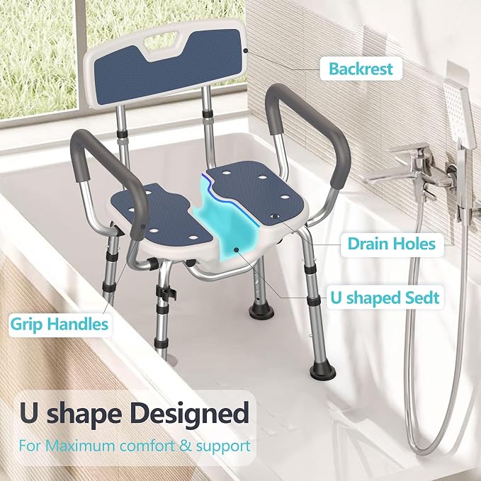 Shower Chair for Inside Shower U-Shape Seat,Shower Chair with Arms and Back | FSA or HSA,Heavy Duty Shower Chair for Elderly and Disabled,Bath Chairs for Seniors,Adjustable Height,Easy Assembly