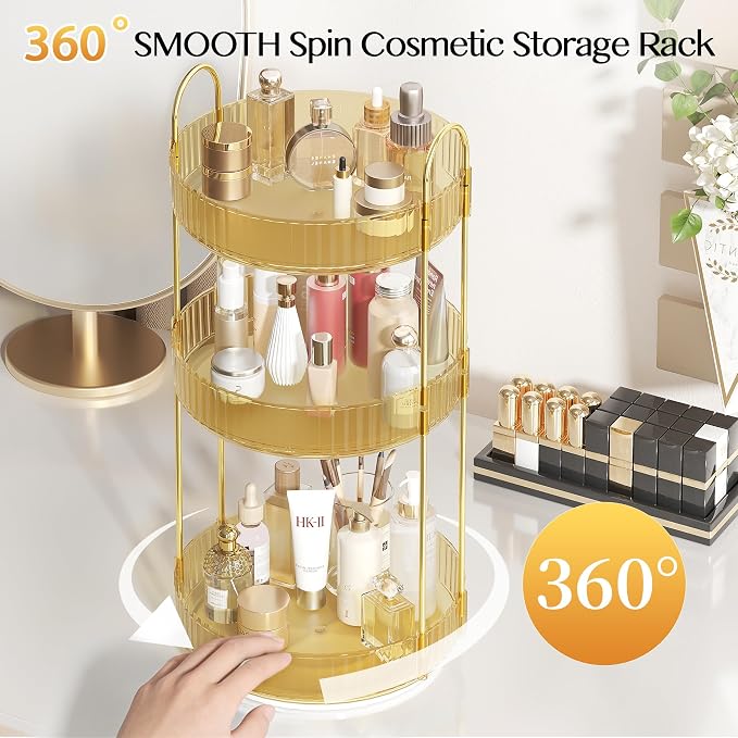 Rotating Makeup Organizer Countertop, 3 Tier, Gold | Skincare Organizers, Spinning Perfume Tray Stand, Makeup Storage Organizer for Vanity, Bathroom Organizer, Lazy Susan