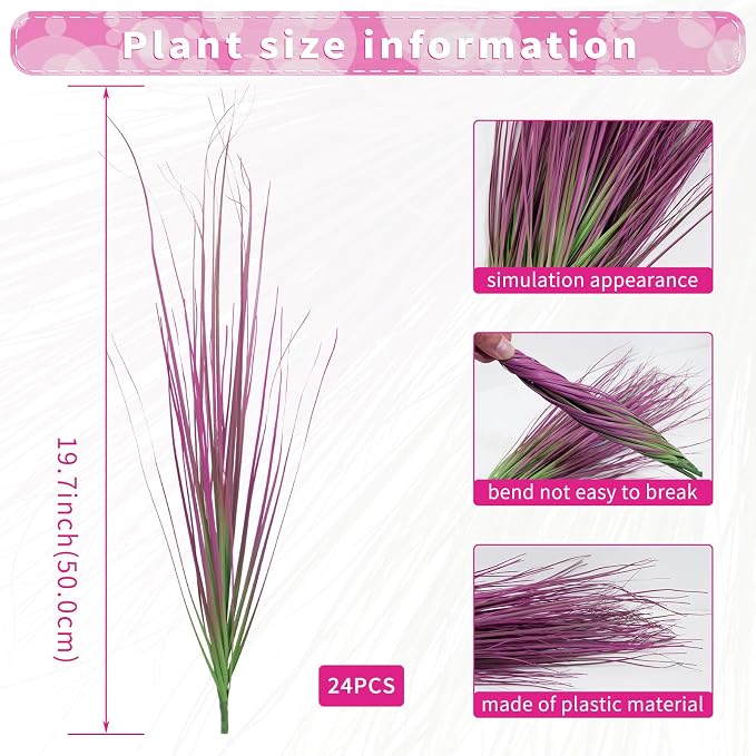 24 Bundles Artificial Grass Plants Outdoor Tall Faux Shrubs Greenery Stems Fake Onion Grasses Wheat UV Resistant for Outside Garden Indoor Office Home Decor（Pink）