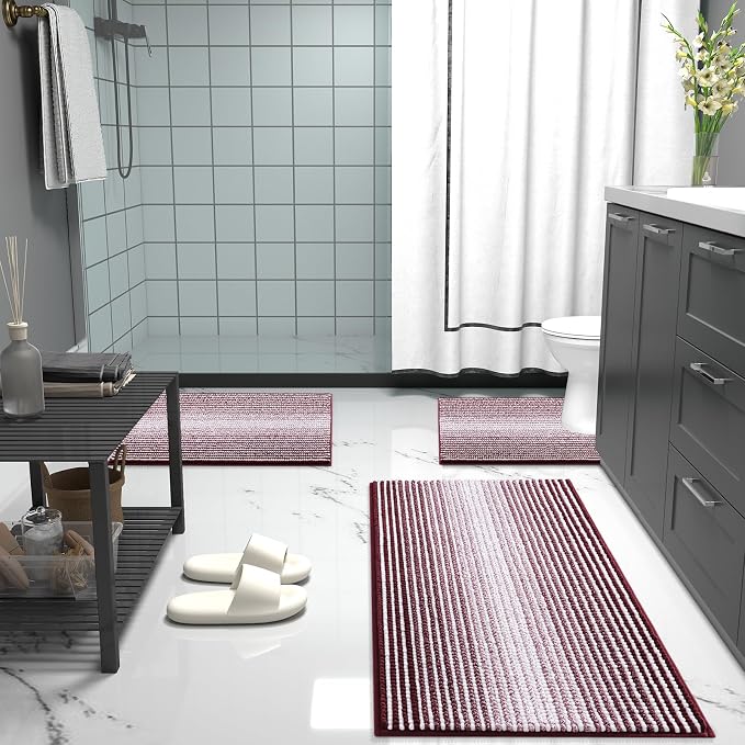 OLANLY Small Bathroom Rugs 24x16, Soft Chenille Striped Bath Rugs, Burgundy | Extra Absorbent, Rubber Backing, Machine Wash Dry, Bath Mats for Bathroom Floor, Tub and Shower, Home Decor Accessories