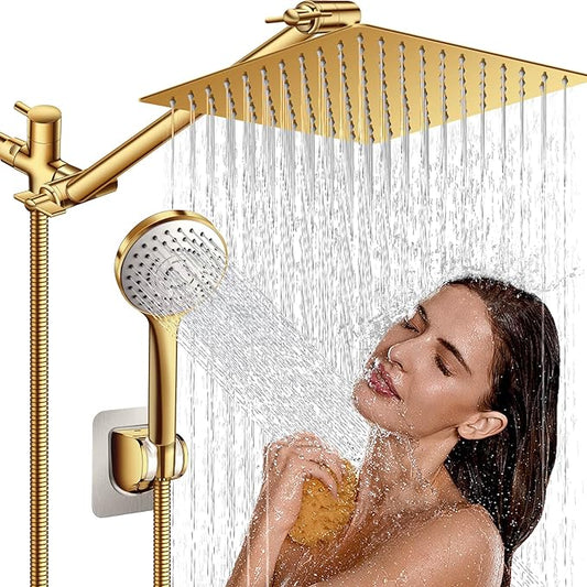 10" Gold Shower Head with Handheld, 5 Spray Handheld with 11" Extension Arm | High Pressure Rainfall Shower Head/Handheld Shower Combo with Adjustable Arm, 60" Hose Anti-leak (Gold)