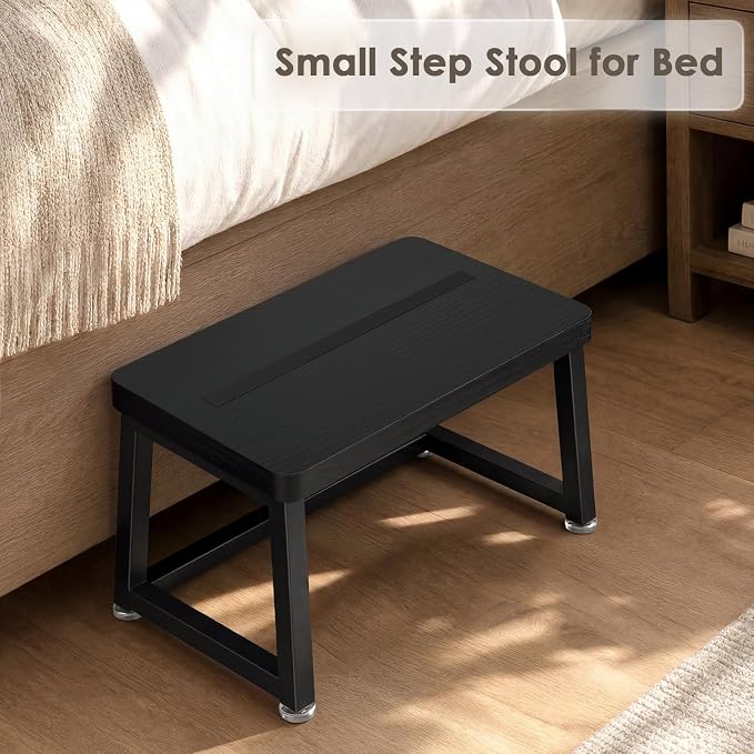 Wooden Step Stool for Adults Small Bed Step Stool with 500LB, Black | Small Step Stool, Heavy Duty, Non Slip, Anti Tipping, Adjustable Feet, Foot Stool for Kitchen Bedroom Bathroom Living Room