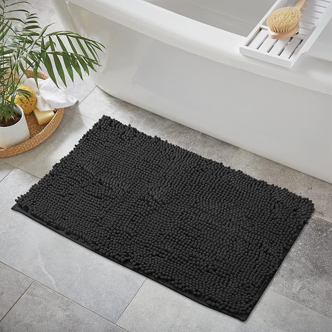 Ultra Soft Texture Chenille Plush Bath Rugs Floor Mats, Bath Rug Non Slip Microfiber Door Mat for Kitchen/Entryway/Living Room (30 x 20 inches, Black)