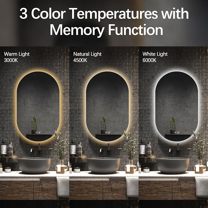 Niccy Oval LED Bathroom Vanity Mirror, 32x20inch Frameless Backlit Mirror with Light, Smart Anti-Fog Waterproof Mirror with Memory Function Dimmable Lighted Mirror