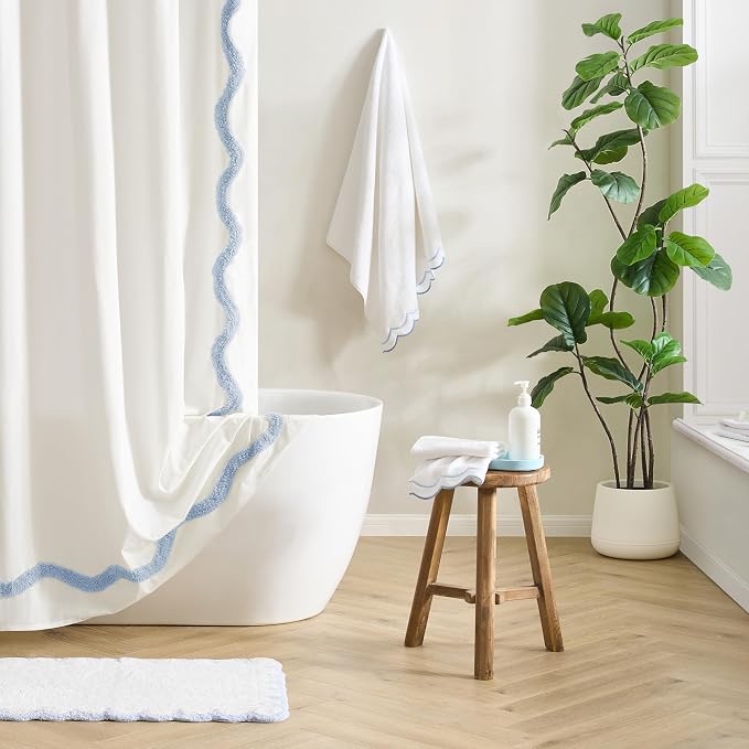 Peri Home Scalloped Bath Rug 20" x 30" White with Blue 1-Piece | Soft & Absorbent, Cotton Tufted, Mat, Scallop