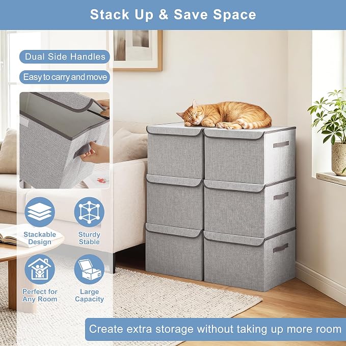 Linen Fabric Foldable Storage Cube Bin Organizer Basket with Flip-Top Lid & Handles, Large Clothes Blanket Box for Home, Office, Closet, Light Gray, 4 Pack 14.6 x 9.5 x 9.5”