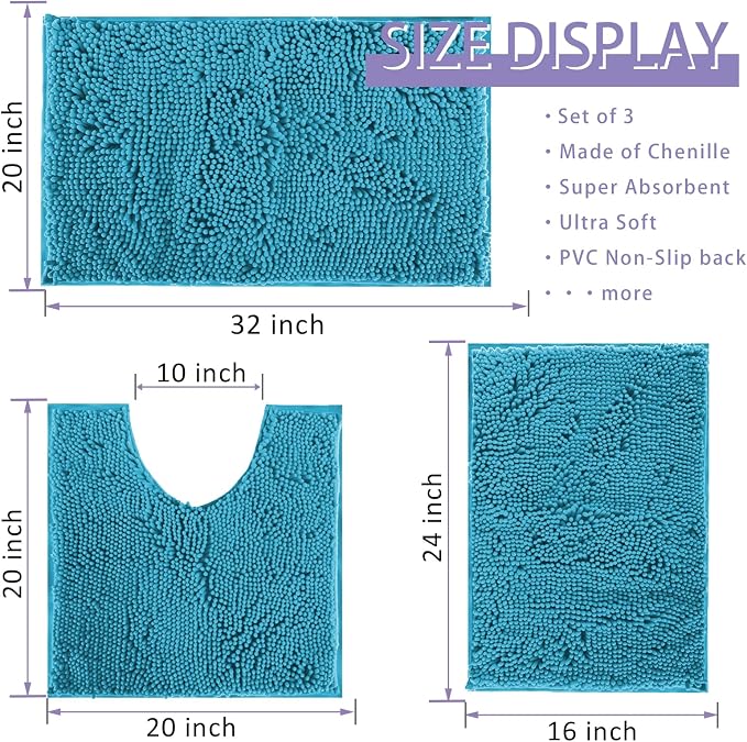 Bathroom Rugs Bath Mats for Batroom Chenillen Bath Rug Set 3 Piece Non-Slip Bath Mats, Absorbent Shaggy Rugs, Machine Wash, Perfect Plush Bathroom Mats, Bathroom Carpets Set Teal Blue
